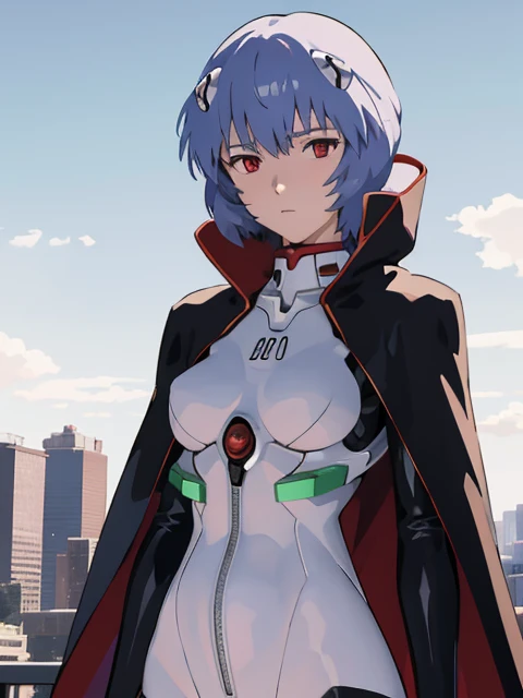 masterpiece, best quality, 1girl, ayanamirei, eva00plugsuit, interface headset, cloak, cape, looking at viewer, city park,upper body, cyber city