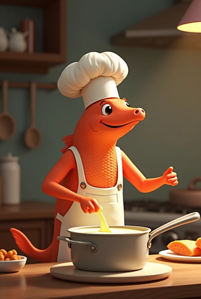 Create an animated image of a salmon making a bechamel sauce