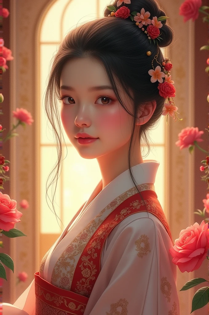 Girl, feminine, hair collected and decorated, beautiful, friendly, Korean in traditional Joseon Dynasty clothing, in a palace full of banquets and roses