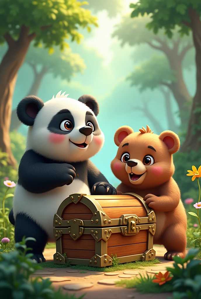 Make a picture where a panda bear and a brown bear are full of excitement and find a chest.