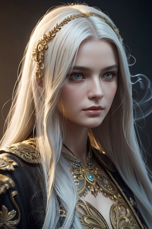 poRtRait, Beautiful woman, wHite HaiR, oRnate dRess, (long HaiR in waves like smoke):0.85 , confident expRession, detailed, 16K, sf, intRicate aRtwoRk masteRpiece, Unlucky, matte painting movie posteR, golden Ratio, tRending on cgsociety, intRicate, amazing, tRending on aRtstation, By Artgerm, H. R. Giger and Beksinski, HigHly detailed, vibRant, pRoduction cinematic cHaRacteR RendeR, ultRa HigH quality model:1