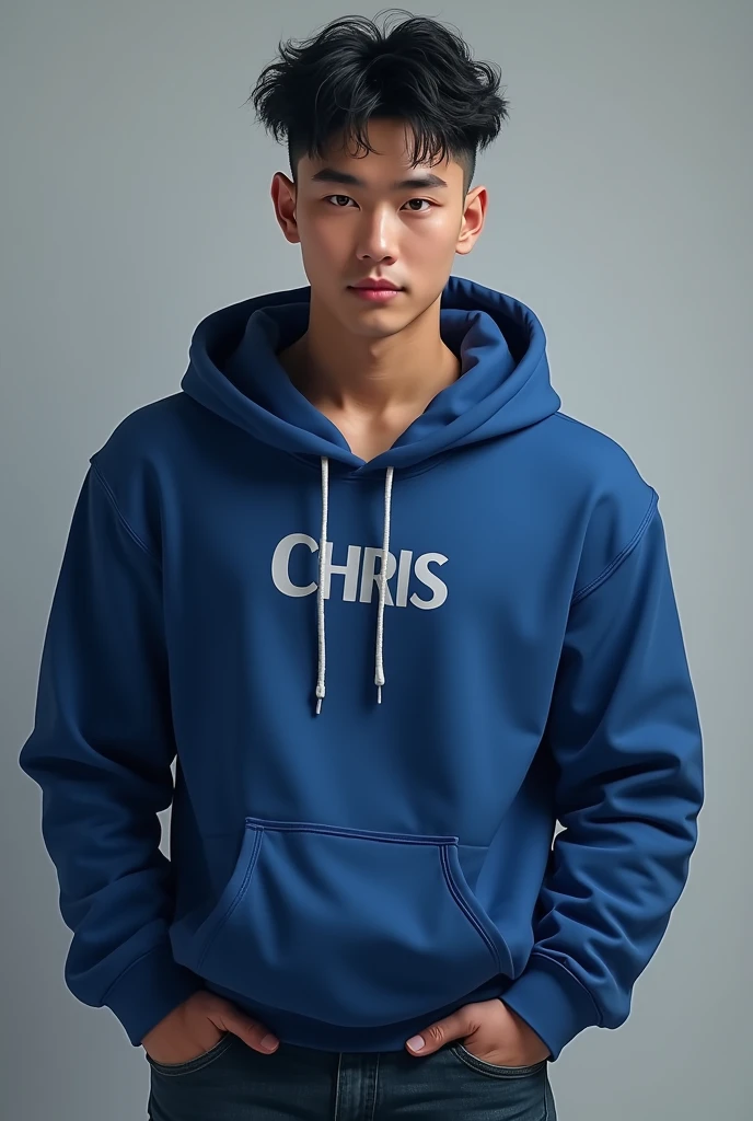 a handsome goodlooking sexy man wearing a blue hoodie,hands in his trouser pocket,curly buzz cut hair style, smiling seductively,head tilted right,biting his lips,name chris on the hoodie a korean 
