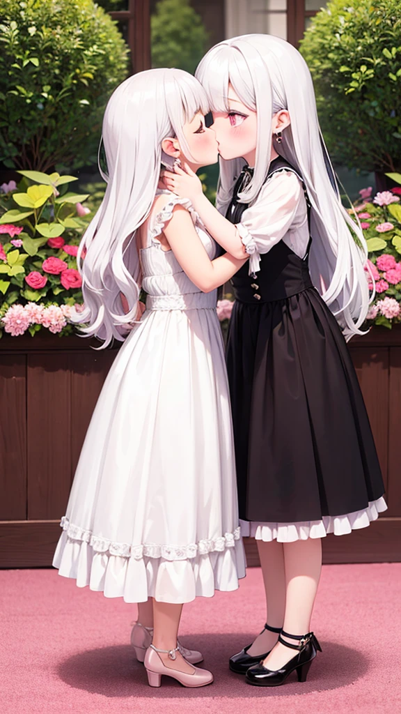 1girl, Solo, victorian dress, white hair, long dress, pink eyes, blushing, earrings, masterpiece, kiss, two girls, high heels,