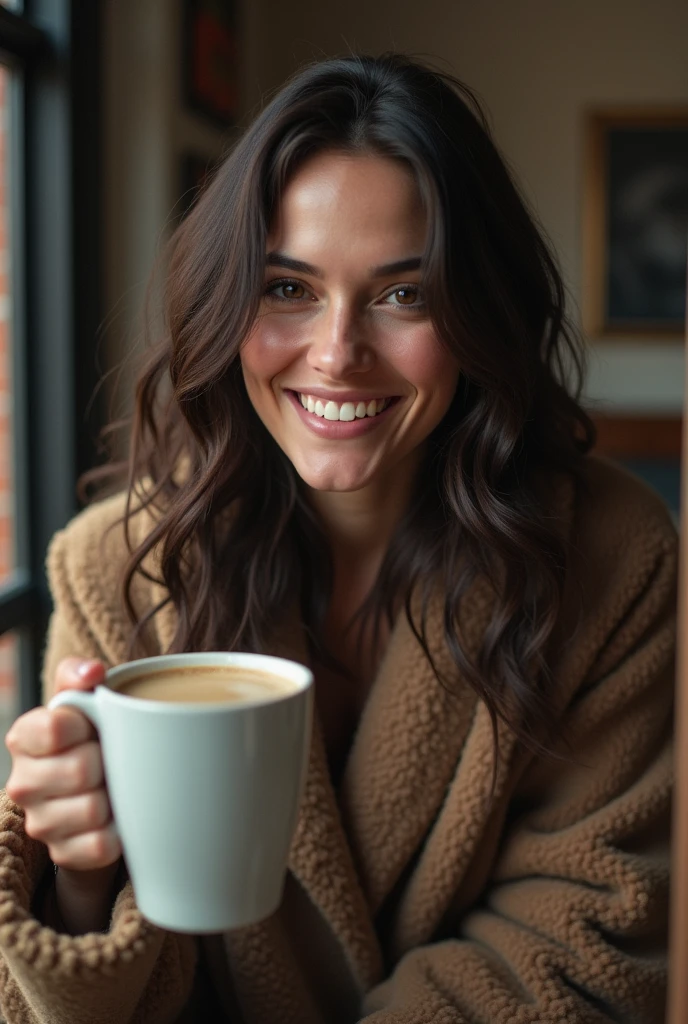 A woman resembling Scarlett Johansson, smiling, wearing a black dress and long dark hair, looks directly into the camera. Having a cup of coffee, She just woke up disheveled, taking a selfie in the mirror, wearing winter clothes.