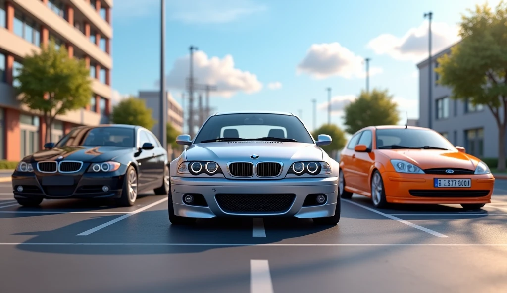 Im Stil von Pixar 3D- The animated film. A silver BMW E46 Compact stands in a parking lot, To his left and right are a black BMW E60 Sedan and an orange Ford Focus ST MK1.
