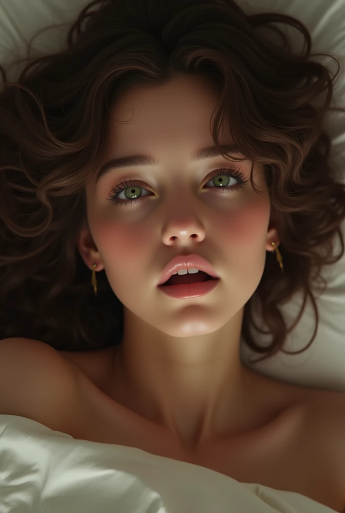 a girl with light brown skin, Green eyes and curly brown hair reaching orgasm 