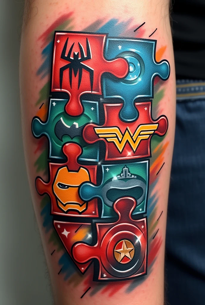 Create a cartoon image, for a forearm tattoo, measuring 10cm wide and 30cm long, with the following characteristics: a puzzle, where each piece is a symbol of a Marvel or DC hero Place symbols of different heroes.