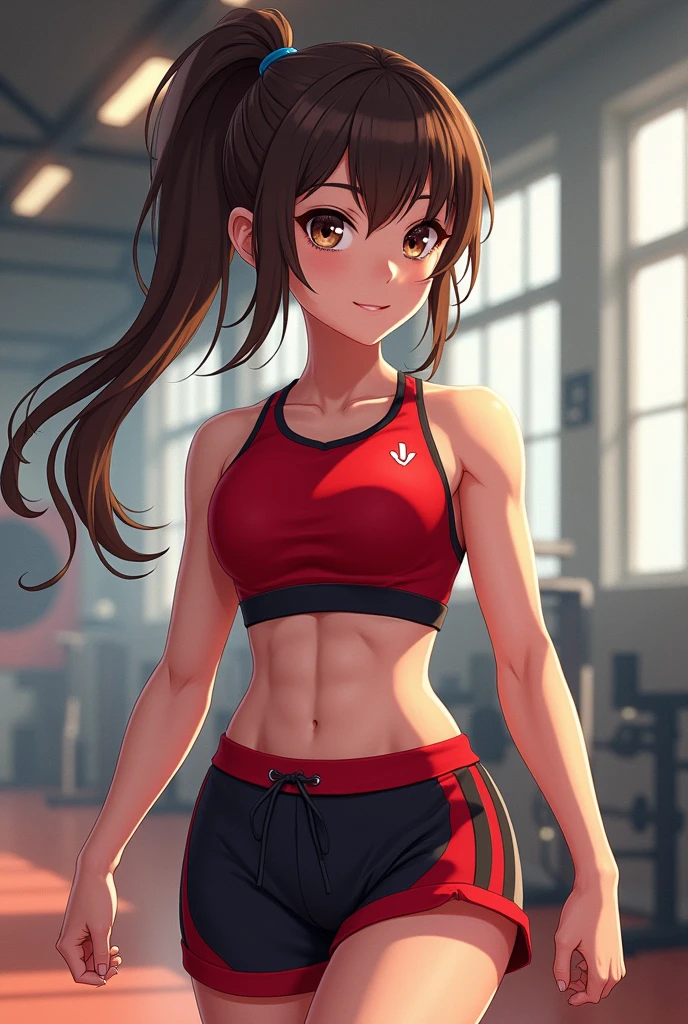 14 year old, girl, brunette, really long hair, pony tail, wears red and black, brown eyes, gym, muscle, anime, small boobs