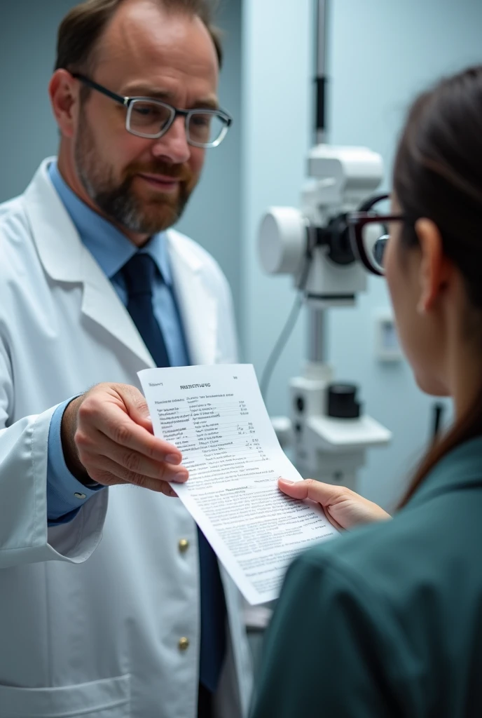 an optometrist handing the visual formula to a patient after his visual examination