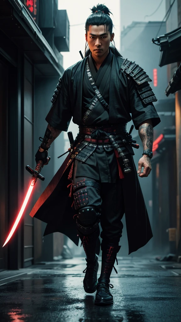 a close up of a man holding a katana in a city, very beautiful cyberpunk samurai, cyberpunk samurai, neon samurai, samurai jedi, full body of a cyberpunk samurai, samurai posed, Samurai warrior style, [ trending on cgsociety ]!!, sith lord. dramatic lighting, trending on artstation.', andreas rocha style, urban samurai, cyborg samurai, inspired by Kanō Hōgai,