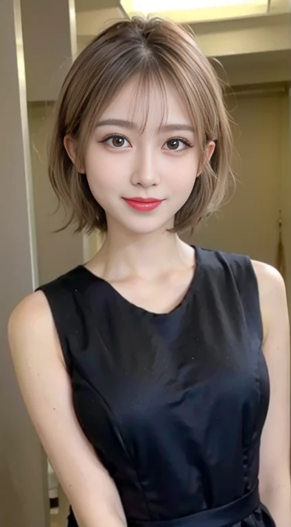 blush a little and smile, (Top quality masterpiece:1.2) Delicate illustrations, Very detailed, /Beautiful Japanese Women、1 person,Very cute and slim、Great style 、((8k images、super high quality))、Very delicate face, Big Breasts、Skin and Hair、beautifule forehead、Red lipstick、(((((short hair、Blonde、lure))))),Very cute Japanese cut face、Eyes and nose are clearly visible、Kind eyes,((((black sleeveless formal dress))))