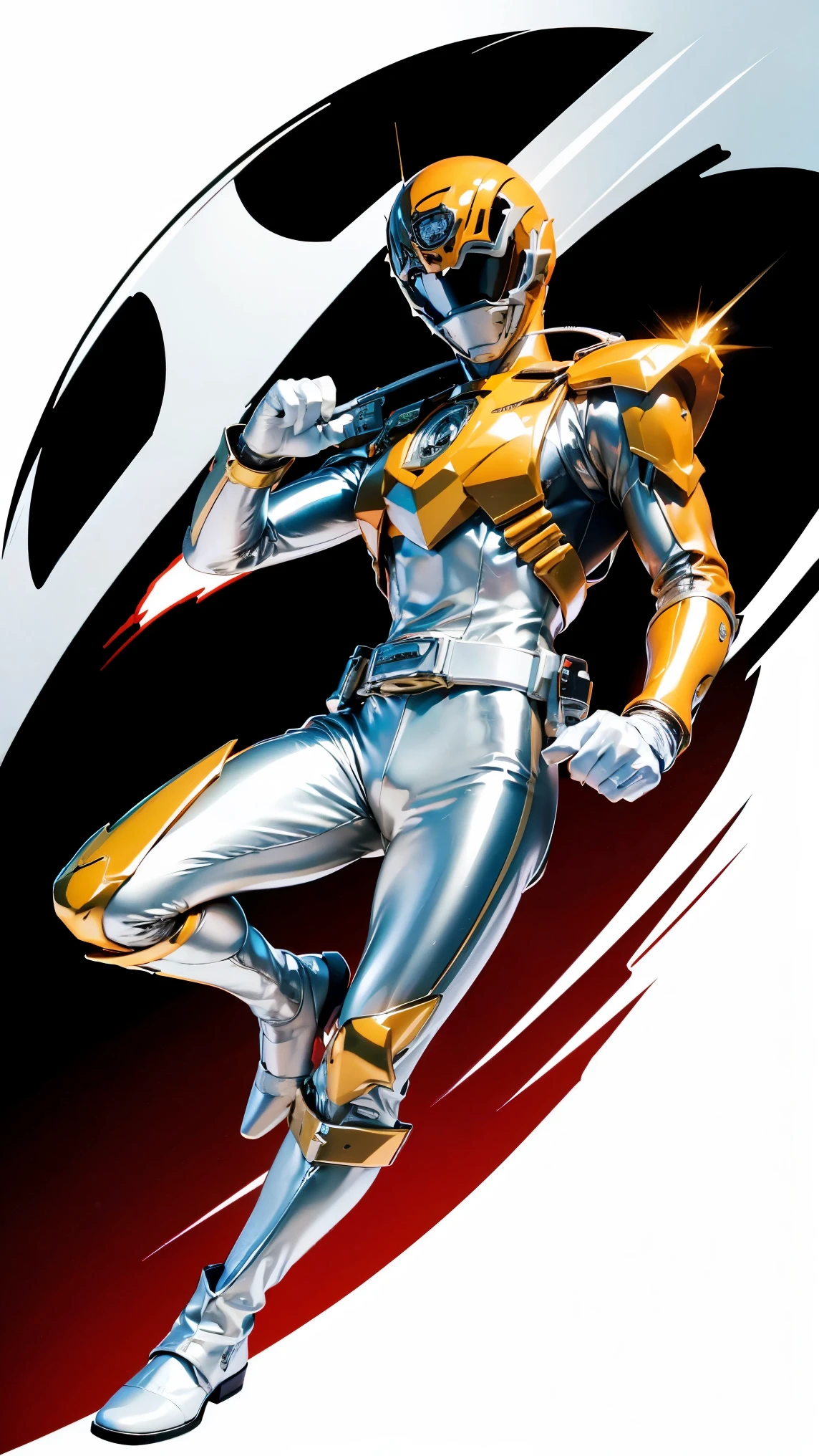 1boy, full body, Illustration, cinematic light, high resolution, best quality, ultra detailed, masterpiece, power suit, powerranger, suit, spd, (Silver and Gold chestplate), gold detail, (((white suit))), dynamic pose, Police pose, 