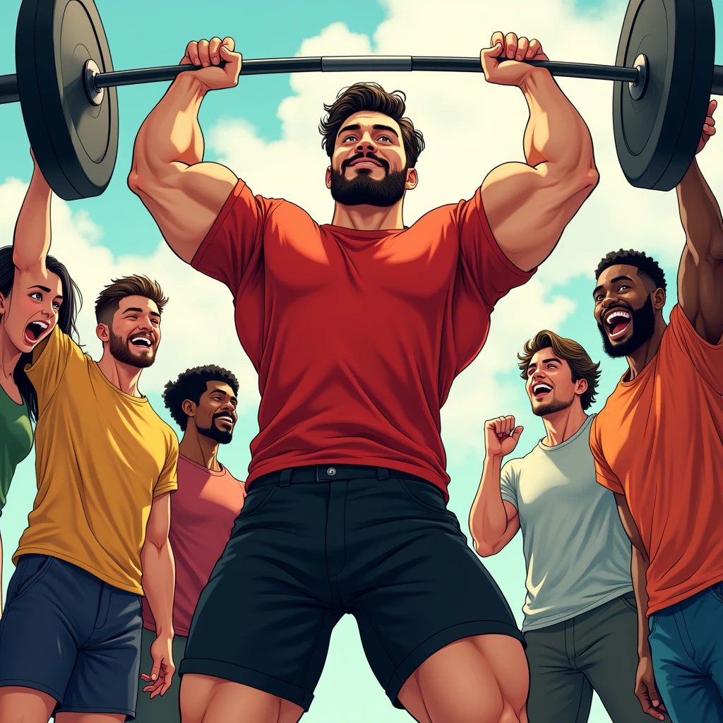 manga art style, best quality, masterpiece, handsome man wearing red tshirt and black shorts, lifting a barbell, five friends of different races enthusiastically cheering him on from behind, perfect fingers, perfect hands, perfect face, perfection