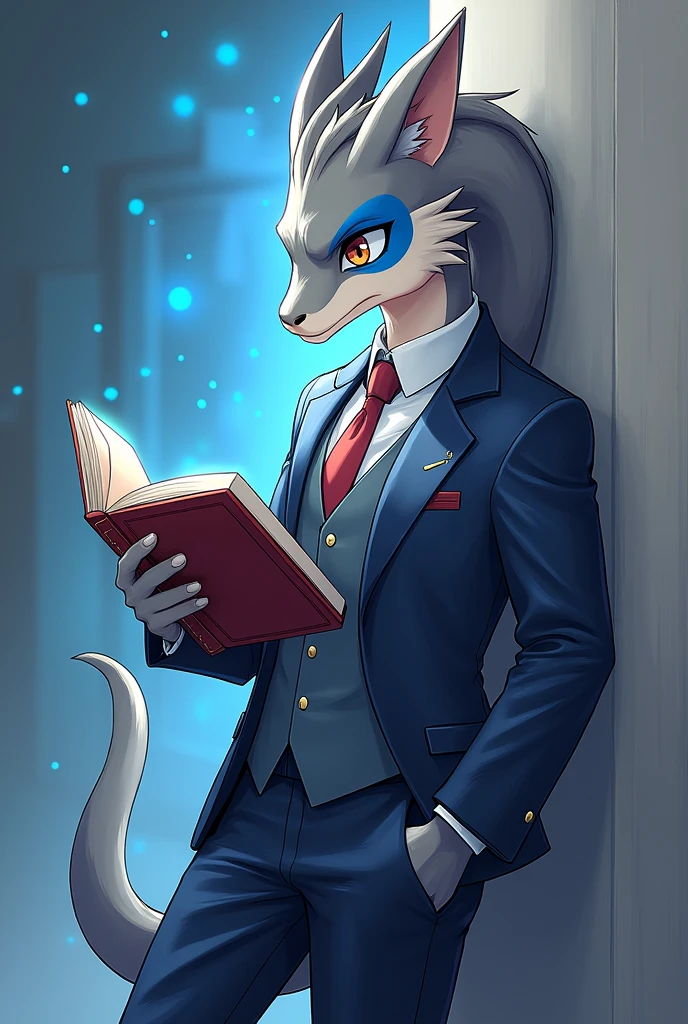 Male furry dragon, gray color and white lines, there is a blue oval shape on his cheek, ideal body, high school student, so OSIS, wear high school student council uniform, wear school pants, he is reading a book while standing with one hand, his eyes glanced, one more hand in the pocket, leaning against the wall, have one tail,there is an aura around him, graphic anime