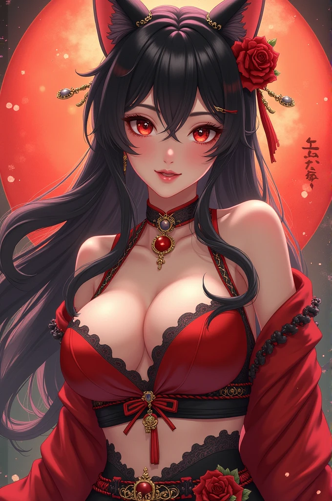 Kitsune, Retrato de Onmyoji, Chica de anime demonio, Deidad de pelo blanco, Arte de cuerpo completo, con ojos rojos, tatuajes en el pecho,cuerpo sexy,best_quality,Sexy Big Breast,erotic pose