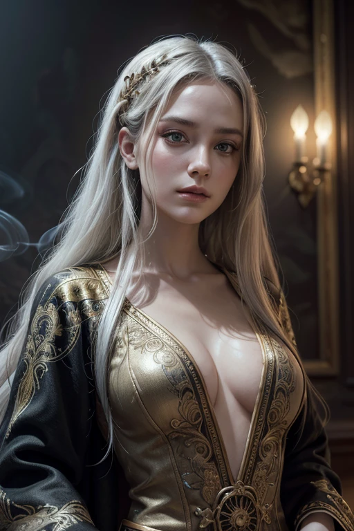 poRtRait, Beautiful woman, wHite HaiR, oRnate dRess, (long HaiR in waves like smoke):0.85 , confident expRession, detailed, 16K, sf, intRicate aRtwoRk masteRpiece, Unlucky, matte painting movie posteR, golden Ratio, tRending on cgsociety, intRicate, amazing, tRending on aRtstation, By Artgerm, H. R. Giger and Beksinski, HigHly detailed, vibRant, pRoduction cinematic cHaRacteR RendeR, ultRa HigH quality model:1