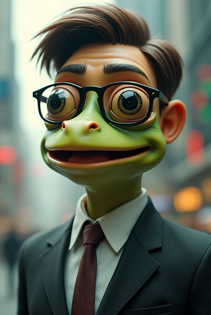 Create a male humanoid , having strong human characteristics, the head must be human, but the face mouth, eyeballs, nase, cheeks and eyebrows must be frogs, short brown hair, side hairstyles, must wear rectangular glasses. Having a financial market in the landscape