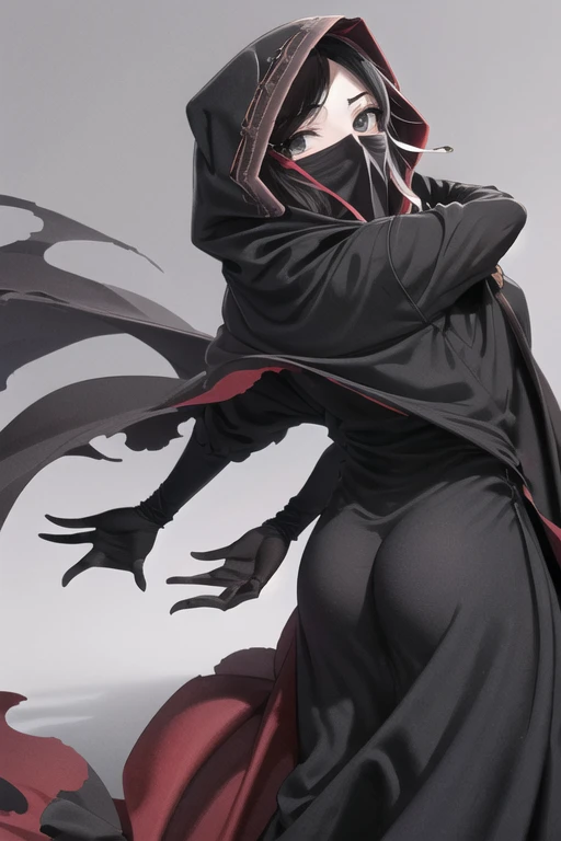 humanoid, featureless black mask, black robes, hood pulled up, hooded, solo, portrait, fantasy, unarmed, full body, tall, male, androgynous, character focus, no skin showing
