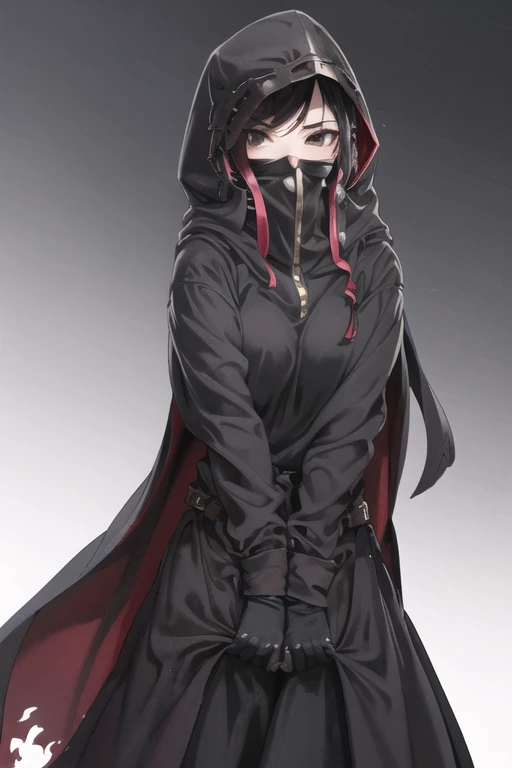 NNAssassinFSF, 1girl, solo, black hair, long cape sleeves, sleeves covered hands, long skirt, robe dress, long cape, cape, black cloak, hood up, black robe, covered mouth, white gloves, mask, hooded cloak, ((masterpiece, best quality)), happy eyes, cape arms, arms behind,