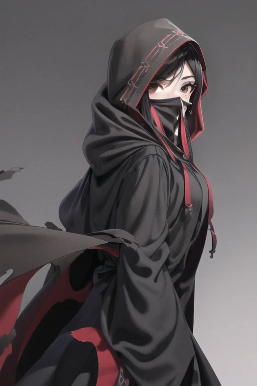 NNAssassinFSF, 1girl, solo, black hair, long cape sleeves, sleeves covered hands, long skirt, robe dress, long cape, cape, black cloak, hood up, black robe, covered mouth, white gloves, mask, hooded cloak, ((masterpiece, best quality)), happy eyes, cape arms, arms behind,