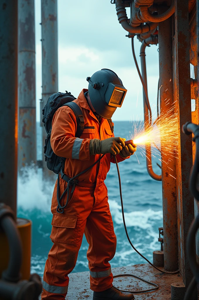 Image of a welder in orange overalls welding on offshore platforms