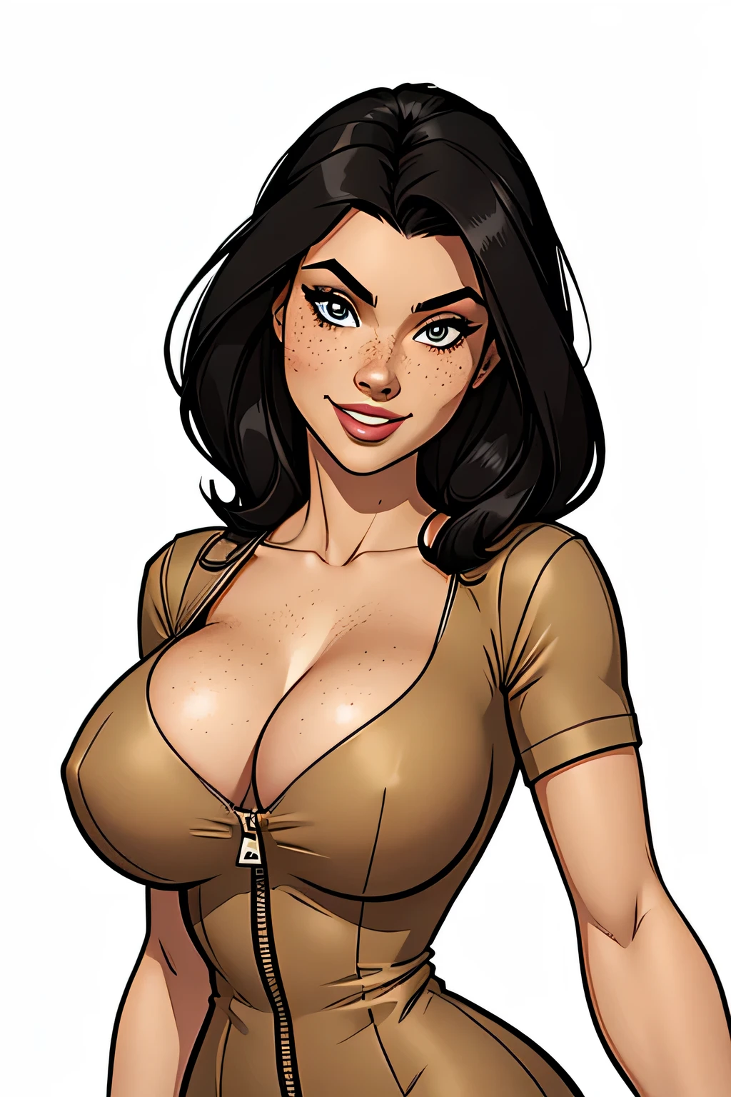 Thin woman, age 25, 4K (High definition), mysterious smile, seducing gaze, eyes browns, wearing a beige dress (with zipper) with princess neckline and short sleeves, arms positioned at the side of the body, Caucasian skin, straight black hair down to shoulder length, standing (upper body), full of curves with freckles across her chest and neck, round breasts. Marvel style high quality, white background.