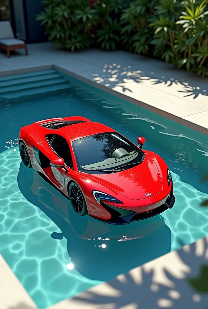 Red car in a swimming pool