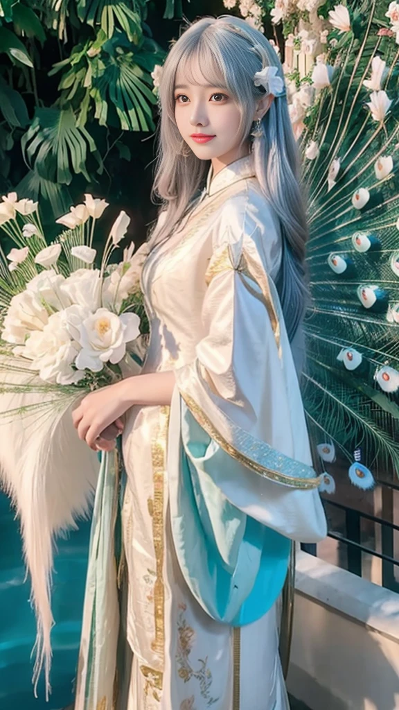 A beautiful Asian girl with smooth, rosy white skin, long colored hair, beautiful feminine outfit, behind her is a white peacock with light blue stripes and a blue and beige pattern on its