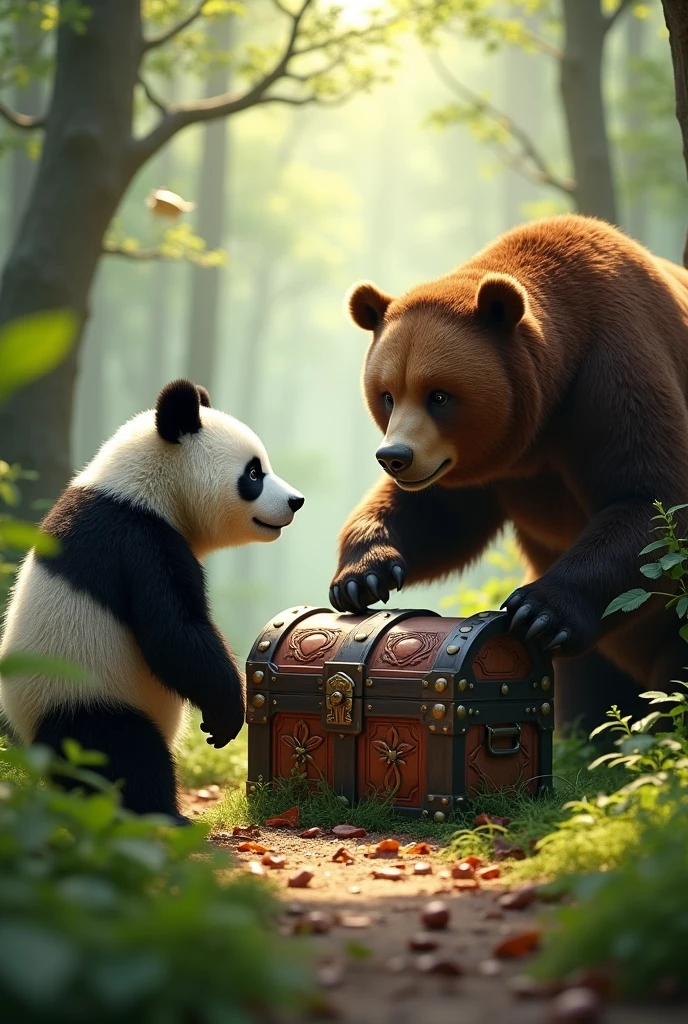 Make a picture where a panda bear and a brown bear find a chest