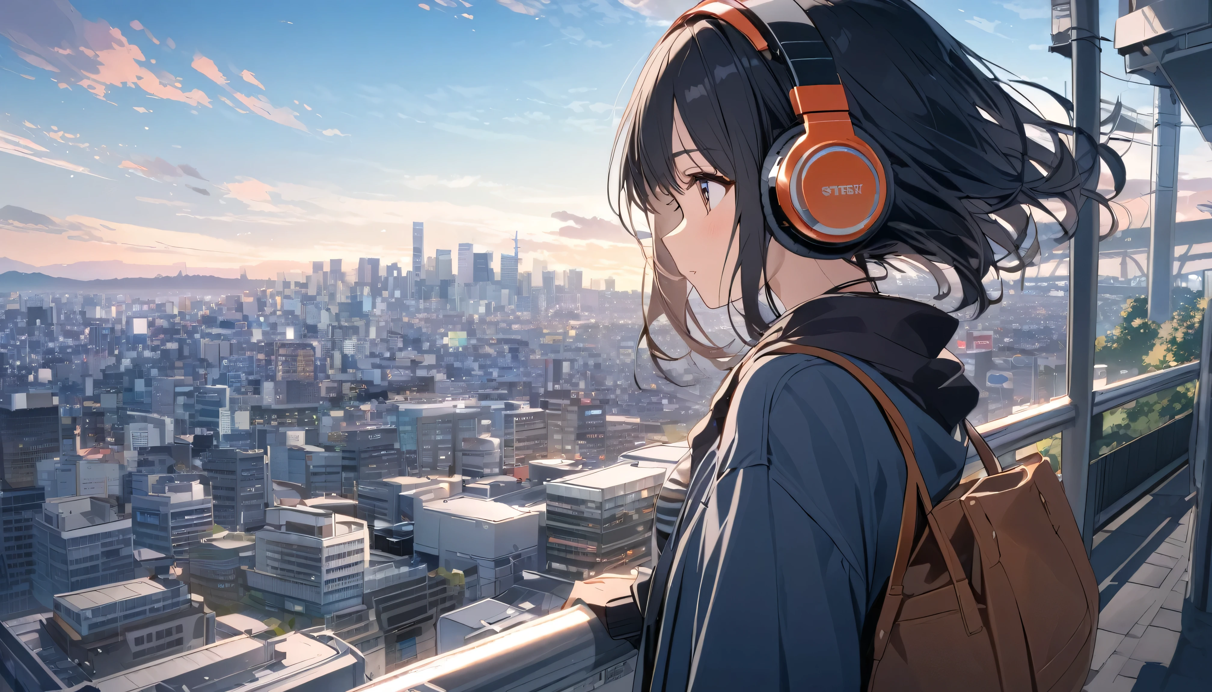 Black haired woman with headphones looking at the city of Tokyo,Streetscape、listen to music、Japanese