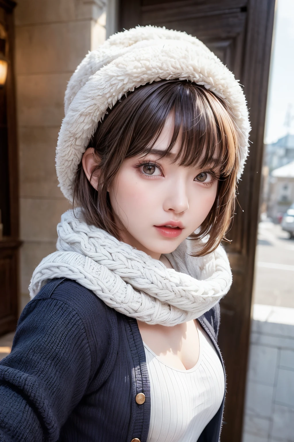 (masterpiece, Highest quality),One Girl, solo, Black-haired, scarf, hat, Realistic, Realistic, Looking at the audience, Light-coloured black eyes, Short brunette bob hair, Brown coat, Winter clothes, White headscarf, Lips, Bans, Plein Air, Mouth closed, Upper body、Big eyes、Eyelashes、((Beautiful landscape with sparkling snow))、(((Short bob hair with bangs、Shiny Hair、Big eyes、large full chest、Intensely accentuates the eyes、Staring at the audience、Beautiful beauty、Listen carefully、Long neck、Smile a little、Please close your mouth and laugh、Ideal body proportions)))、{huge|big|hugeな|Mega} chest:2, chestの谷間:2
