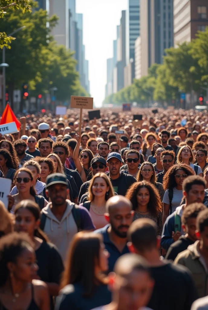a peaceful protest march, diverse group of people of different ages and ethnicities holding signs with words like "Justice", "Freedom", "Unity", determined and hopeful atmosphere, highly detailed, hyper realistic, 8k, cinematic lighting, award winning photograph