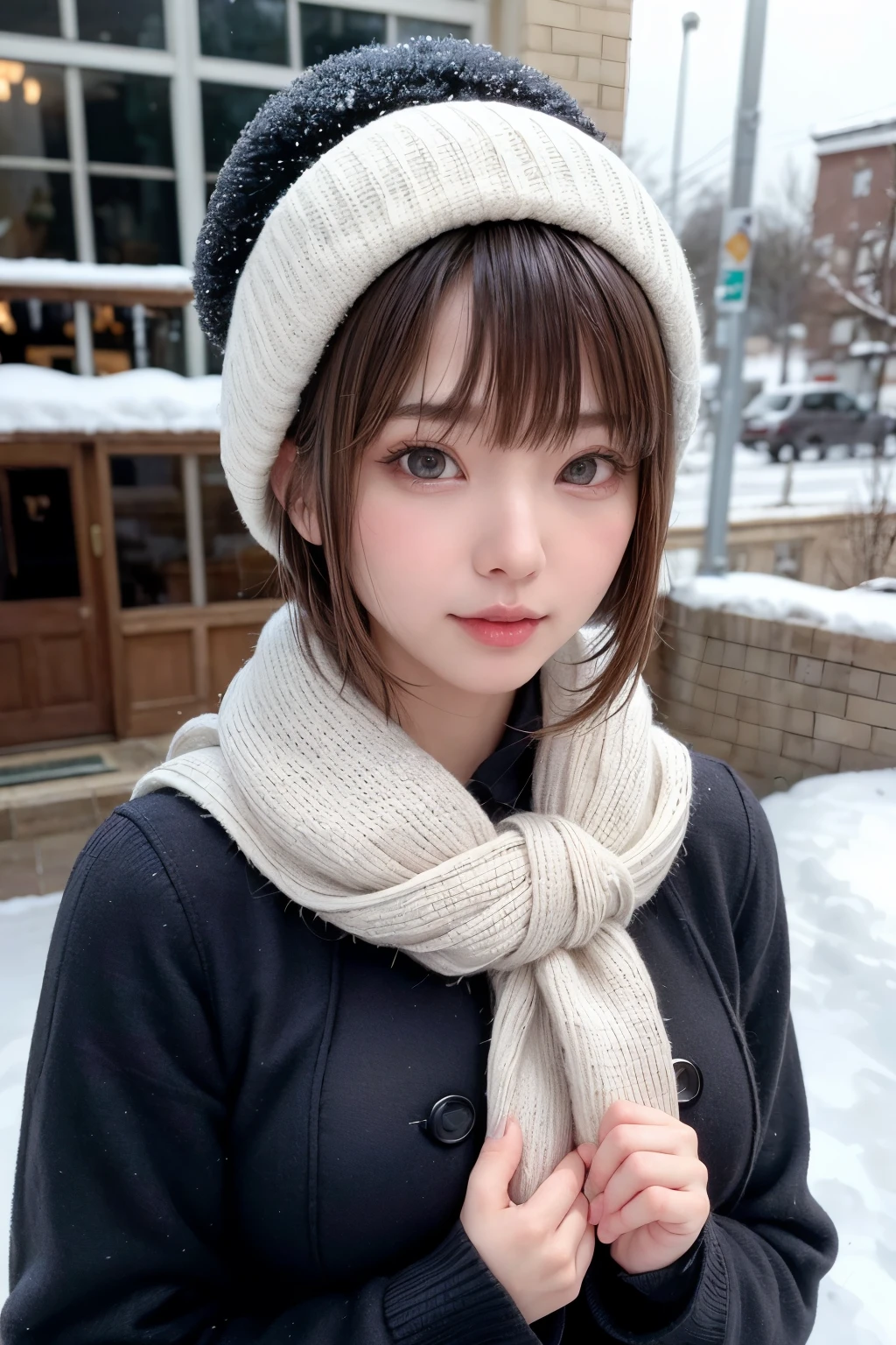 (masterpiece, Highest quality),One Girl, solo, Black-haired, scarf, hat, Realistic, Realistic, Looking at the audience, Light-coloured black eyes, Short brunette bob hair, Brown coat, Winter clothes, White headscarf, Lips, Bans, Plein Air, Mouth closed, Upper body、Big eyes、Eyelashes、((Beautiful landscape with sparkling snow))、(((Short bob hair with bangs、Shiny Hair、Big eyes、large full chest、Intensely accentuates the eyes、Staring at the audience、Beautiful beauty、Listen carefully、Long neck、Smile a little、Please close your mouth and laugh、Ideal body proportions)))、{huge|big|hugeな|Mega} chest:2, chestの谷間:2