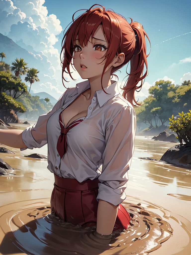 1girl, solo, masterpiece, best quality, high res, highly detailed, (illustration), beautiful detailed eyes, yuigahama yui, red hair ponytail, glossy lips, light makeup, orgasm, (looking up to the sky:1.5), intimate moment, school shirt, cleavage, torso, (quicksand:1.4), (from side:0), bog, swampy, teary eyes, crying, (one outstretched arm)