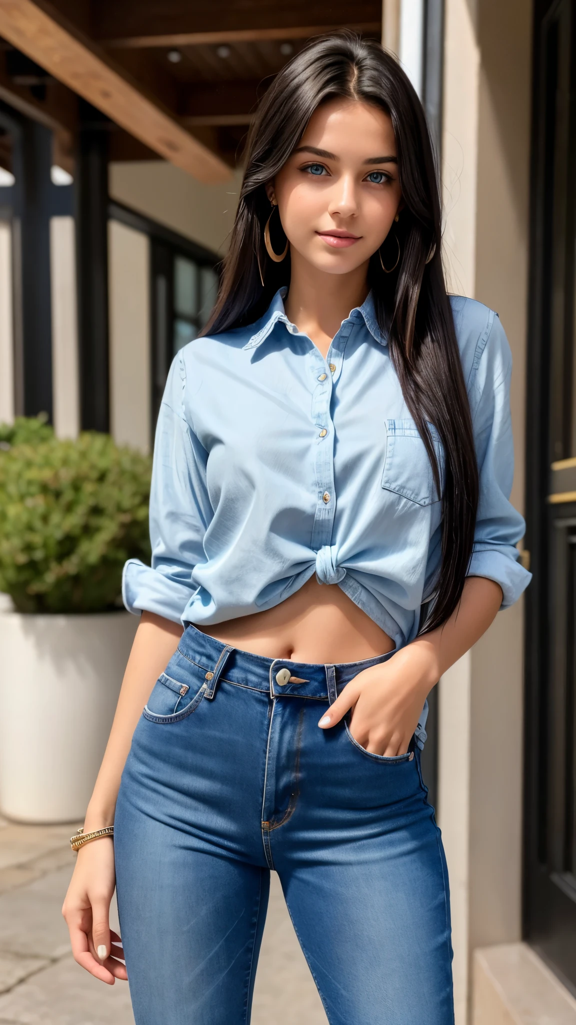 Beautiful 18 year old brunette girl with fair skin, blue eyes, long straight black hair, wearing earrings, wearing a shirt and high waisted jeans with thick legs showing her belly button with her hands on her head
