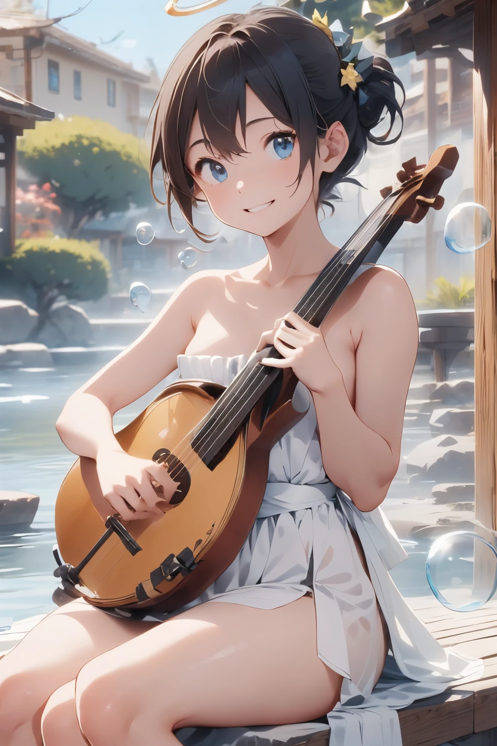 ((Top Quality)), ((Excellent)), (Details), ((saraswati playing a biwa in the shape of a contrabass)),((Saraswati)) ,((god of wealth, music, eloquence and water)),nice hands, perfect hands, benzaiten ,Goddess, full body,Sunrise, Ultra-Realistic, Stunning Environment, Bright Colors, ,, shiny hair, a Girl ,((Blue Eyes)) , Black Hair, (Childish Face), ((half-smile)),(Straight Hair), ((Biwa Japanese lute)) ,bun hair ,corolla,((Full body shot)),Flower hairpin, Medium Breasts, Sunlight, ((naked)) ,((topless)), ((Golden Screen)),((Lots of flowers)),((Lots of bubbles)), (Gold loincloth), ((naked)) ,((topless)),Gold loincloth, ((Lotus Position)), ((Biwa Japanese lute)),Halo,((corolla)), upper body,((Lots of bubbles)),((upper body)),(Full body shot),Flower hairpin, shiny hair, Straight Hair, a Girl ,((Moderate Breasts)),,masterpiece , (half-smile), ultra realistic,((Gold loincloth)),,((naked)),, best quality, blunt bangs, Lotus flower,
