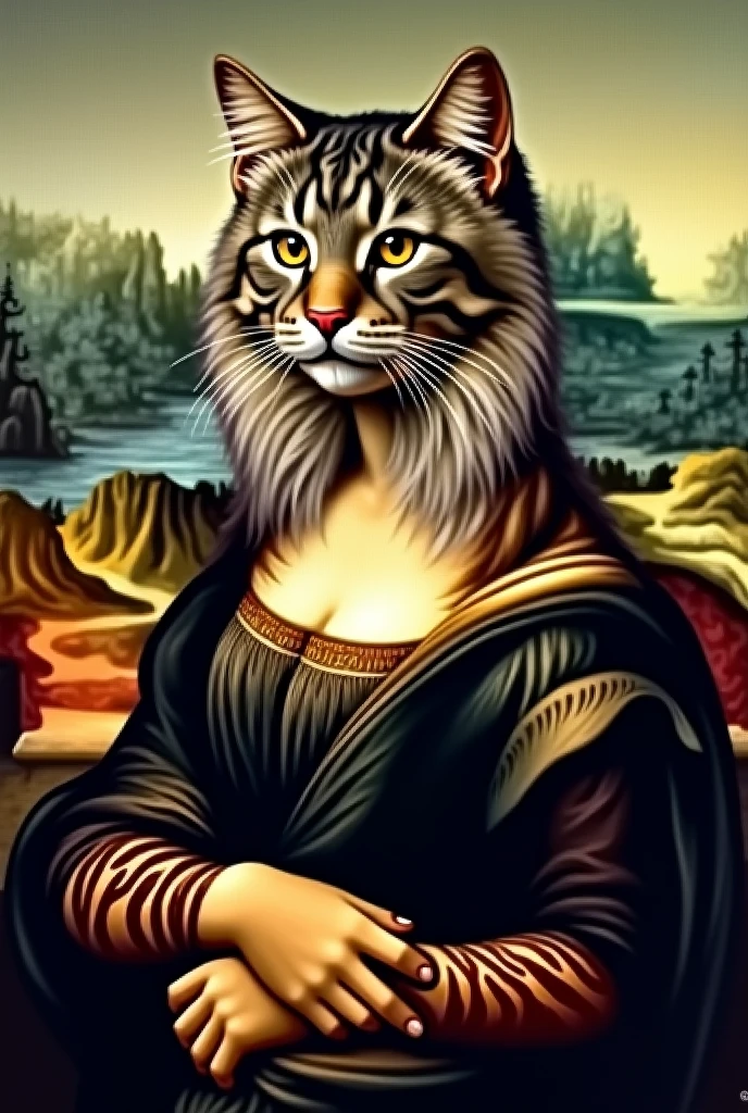 Long haired gray brown and black tabby cat in mona lisa artwork