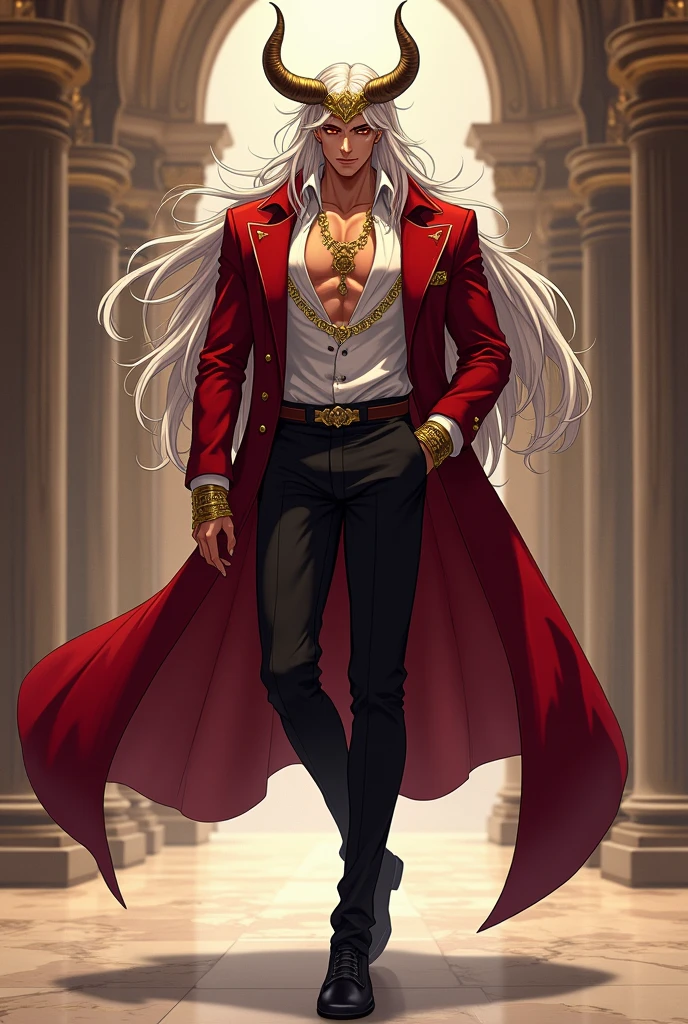 Create a full body anime style image of my character: His name is Asmodeus, King of the circle of hell of lust. He looks about 2. stomach 1.90 m, He has long white hair with crimson red tips.. Her skin is caramel-colored and her eyes are golden.. He is very handsome, with an inverted triangle body type (shoulders wider than hips), a mesomorph body type. he is muscular, and has a golden crown from which bull horns made of gold emerge. He walks in a suit that resembles the suit of bullfighters, but it is less dramatic, white shirt with crimson red and gold details, and black pants with gold details. It does not have wings, he wants to. He has white eyelashes and white eyebrows.. She has long golden chest necklaces made of gold. And an attractive expression, with a mocking and seductive smile. Her clothes are elegant but sexy. Without having to be super attached to your body. The clothes have a natural movement. His non-pointed ears, They have a natural human appearance. And he is in one of the rooms of his beautiful marble castle.