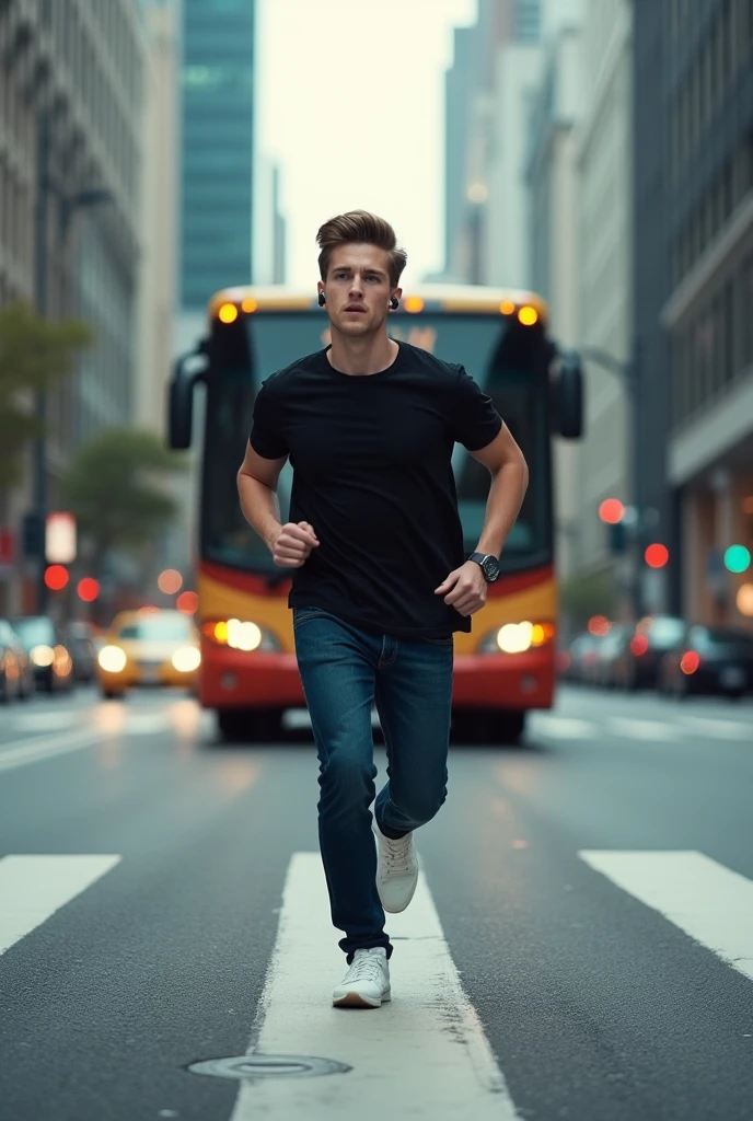 A young man with short hair wearing very small wireless headphones in his ear, with a black t-shirt, dark blue jeans and white sneakers, running across the pedestrian crossing and getting hit by a bus.
