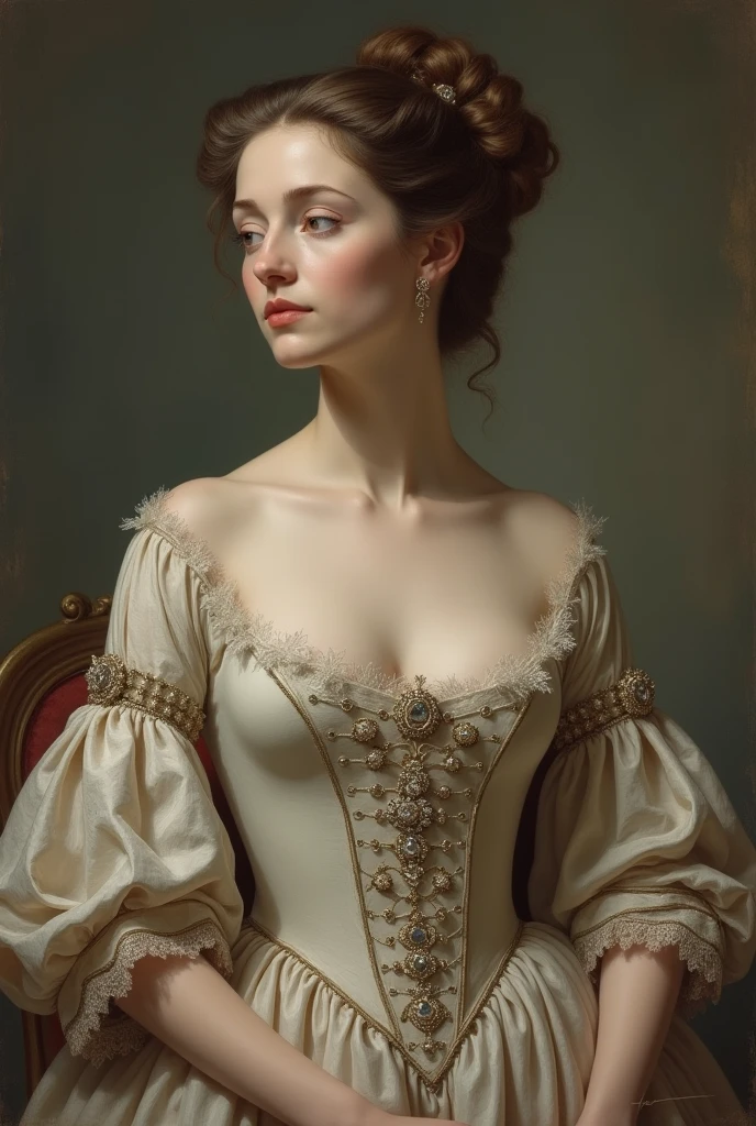 A woman from the 1700s in a painting, with half of the chest covered