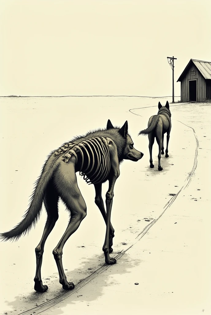 The skinny wolf, almost to the bones, walking away from the big dog ,and his house, looking towards the horizon. manga 