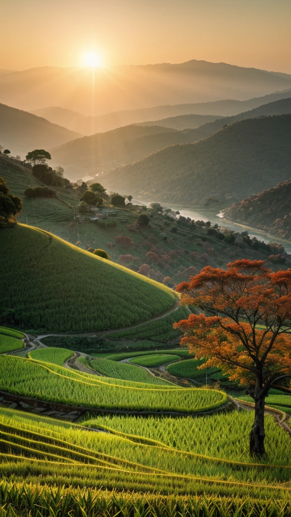 paddy field in a wide steep valley with huge dramatic Boat mountains in the distance,autumn, very deep clear water natural pond, rocks plans shrubs trees moss lawns grass animals,sunrise and strong sunbeams,very hazy,extreme details,photorealistic,4k,HD,beautiful,nature, dreamy, low shot,ground level photo, good luminosity, sunrise