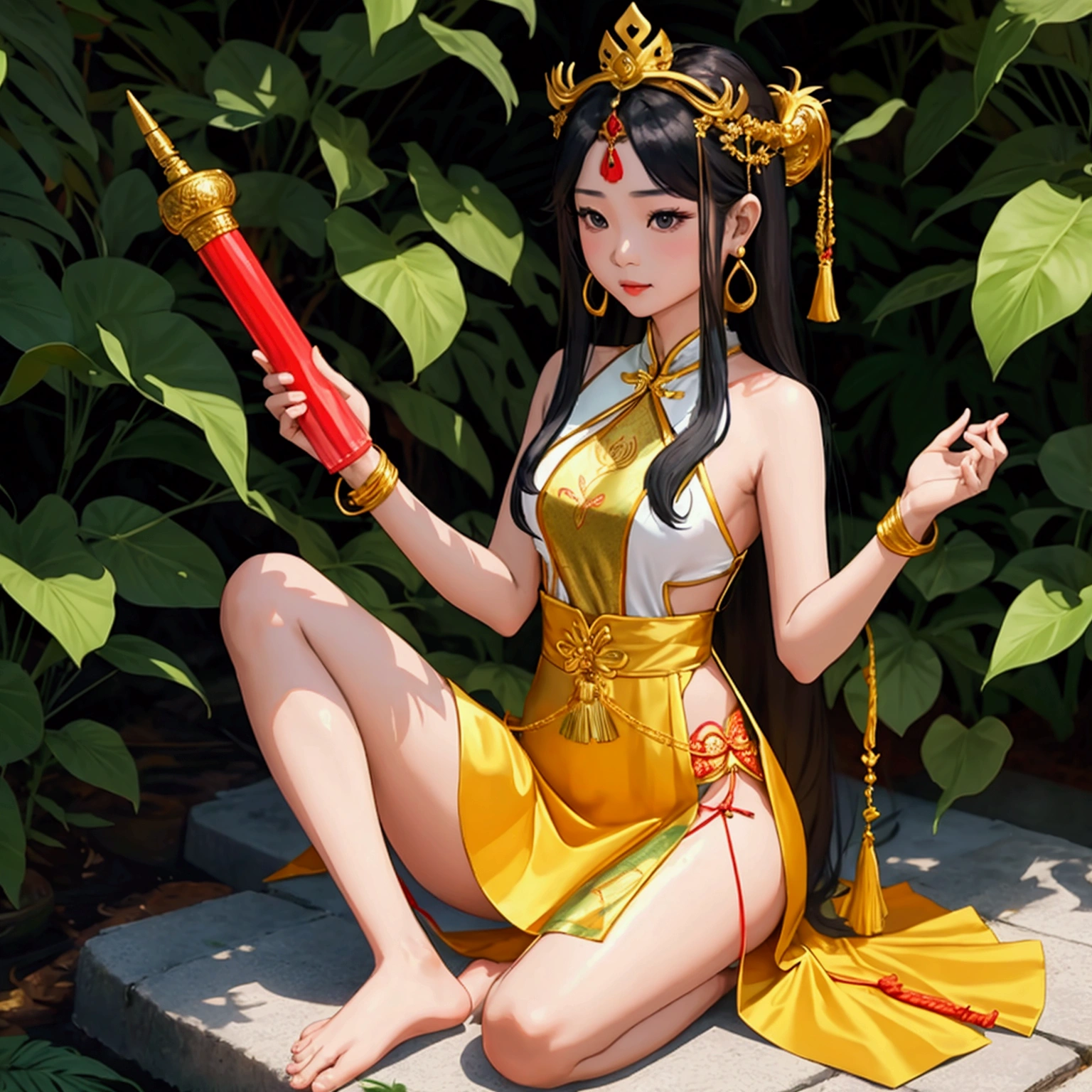 Thai female characters,long hair,Wear Thai clothes,Wear a Thai tube top,,Thai person,Barefoot standing neatly,Put on the leaves,Wearing a golden crown,Wear a Thai pattern skirt,Dress politely,Not