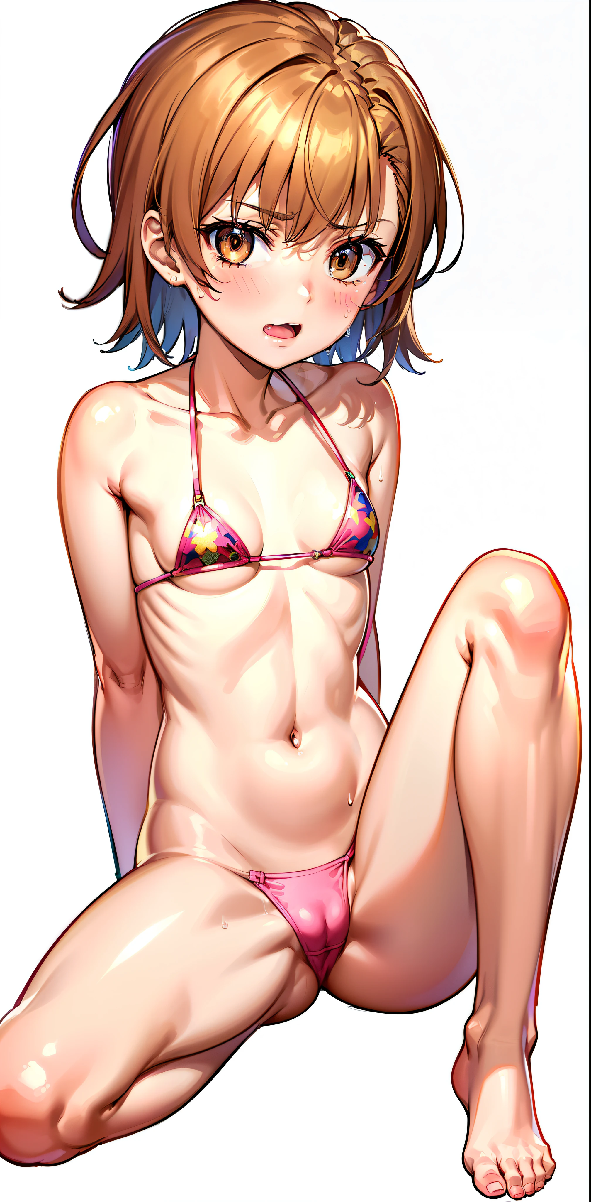 Smooth anime CG art、Focus Only、1 girl、Front view、(((full nude)))、(((nude)))、naked、(((Small breasts)))、(((brown eyes)))、(((sweat)))、Semi-short hair、(((Sweaty)))、Watery eye、blush、(((Embarrassed look)))、((Open your mouth))、(((sitting)))、(((simple background)))、(((full body shot:1.4)))、(((knees up:1.2)))、(((arms behind back)))、spread your legs、(((micro bikini)))