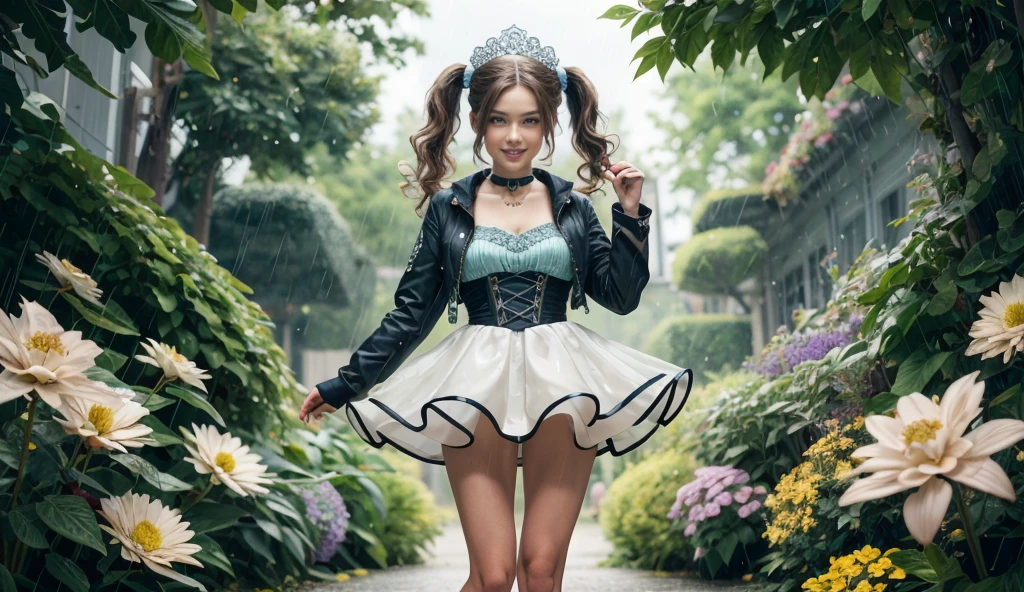 girl wearing petticoat dress, BREAK, (solo:1.4), sleeveless petticoat microskirt, strapless dress, (yo, cute:1.4), (breasts:1.2), (jacket:1.2), detailed face, (looking at viewer:1.2), thighs, smile, short hair, majestic flower filigree headpiece, transparent fairy wings, lush flower garden, (heavy raining:1.2), dramatic lighting, realism, (best quality, highres, masterpiece:1.2), (ultra detailed:1.3), wavy hair, pigtails, asymmetrical bangs, choker, (full body:0.8),