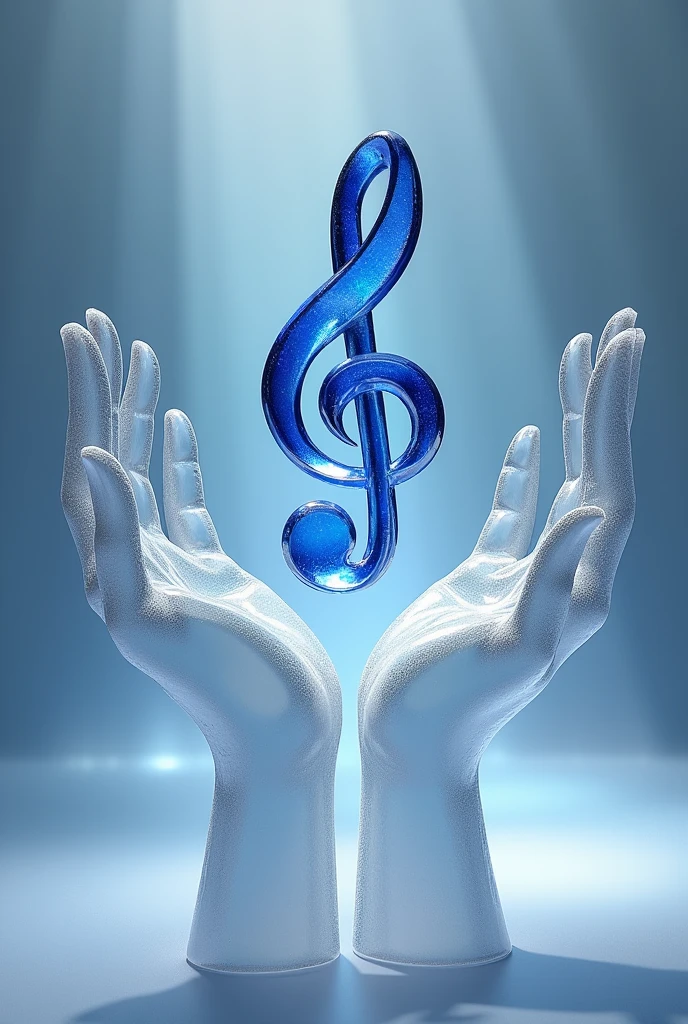 Two crystal hands holding up a musical note (G with a colon), made of glass, sapphire, transparent background