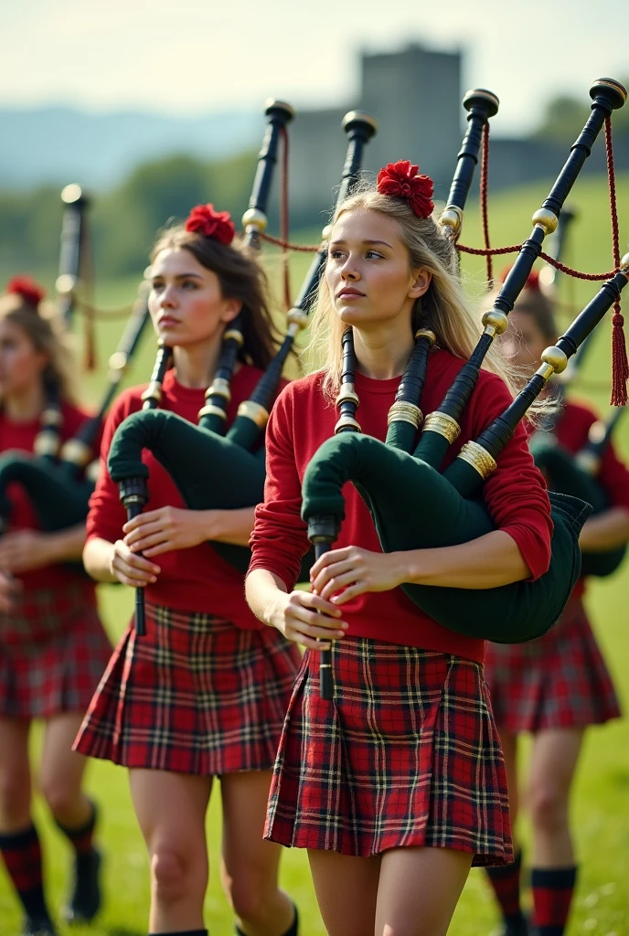 young women in minikilts playing bagpipes