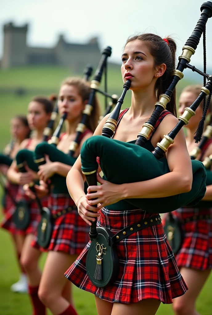 young women in minikilts playing bagpipes