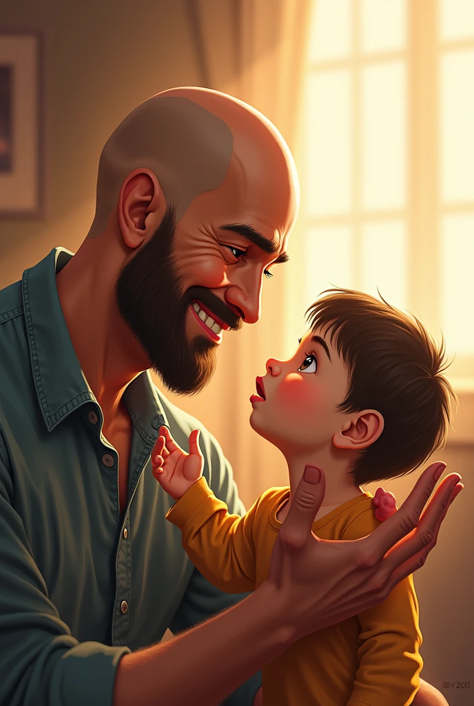 Create a drawing of a young bald father telling his son that he loves him in sign language