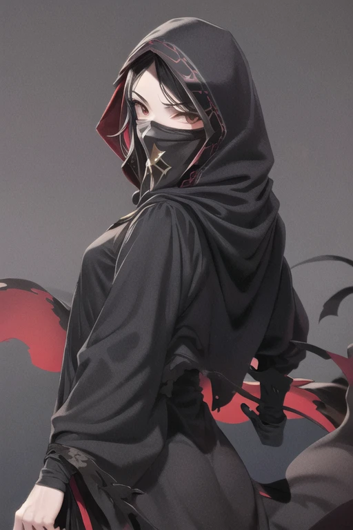 NNAssassinFSF, 1girl, solo, black hair, long cape sleeves, sleeves covered hands, long skirt, robe dress, long cape, cape, black cloak, hood up, black robe, covered mouth, white gloves, mask, hooded cloak, ((masterpiece, best quality)), happy eyes, cape arms, arms behind,